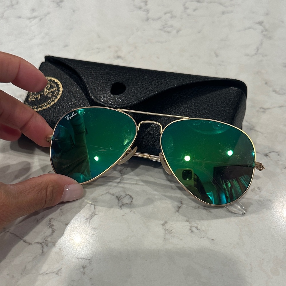 Ray-Ban Gold Frame Sunglasses with Reflective Green Lenses